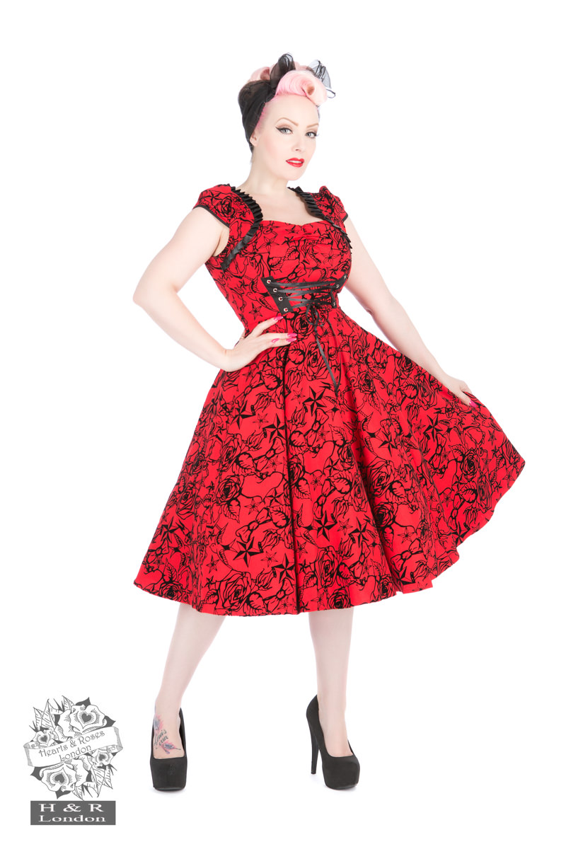 Red Flocked Evening Swing Dress